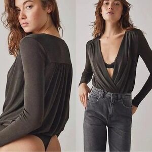 Intimately Free People XS brown Long Sleeve Wrap Surplice V-Neck Bodysuit